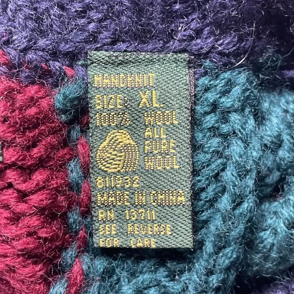 Vtg Embassy Row XL Blue Green Red Wool Sweater Color Block Cable Knit Crew Men's